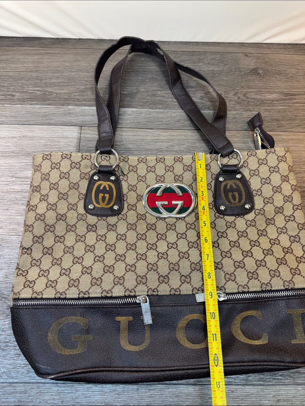 Beige Brown GG Canvas Tote with Red Green Emblem - Picture 5 of 10